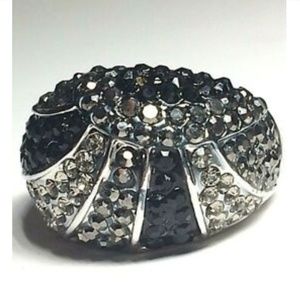 Silver Art Deco Statement Cocktail Ring Size 7 8 Rhodium Plated Black Crystals